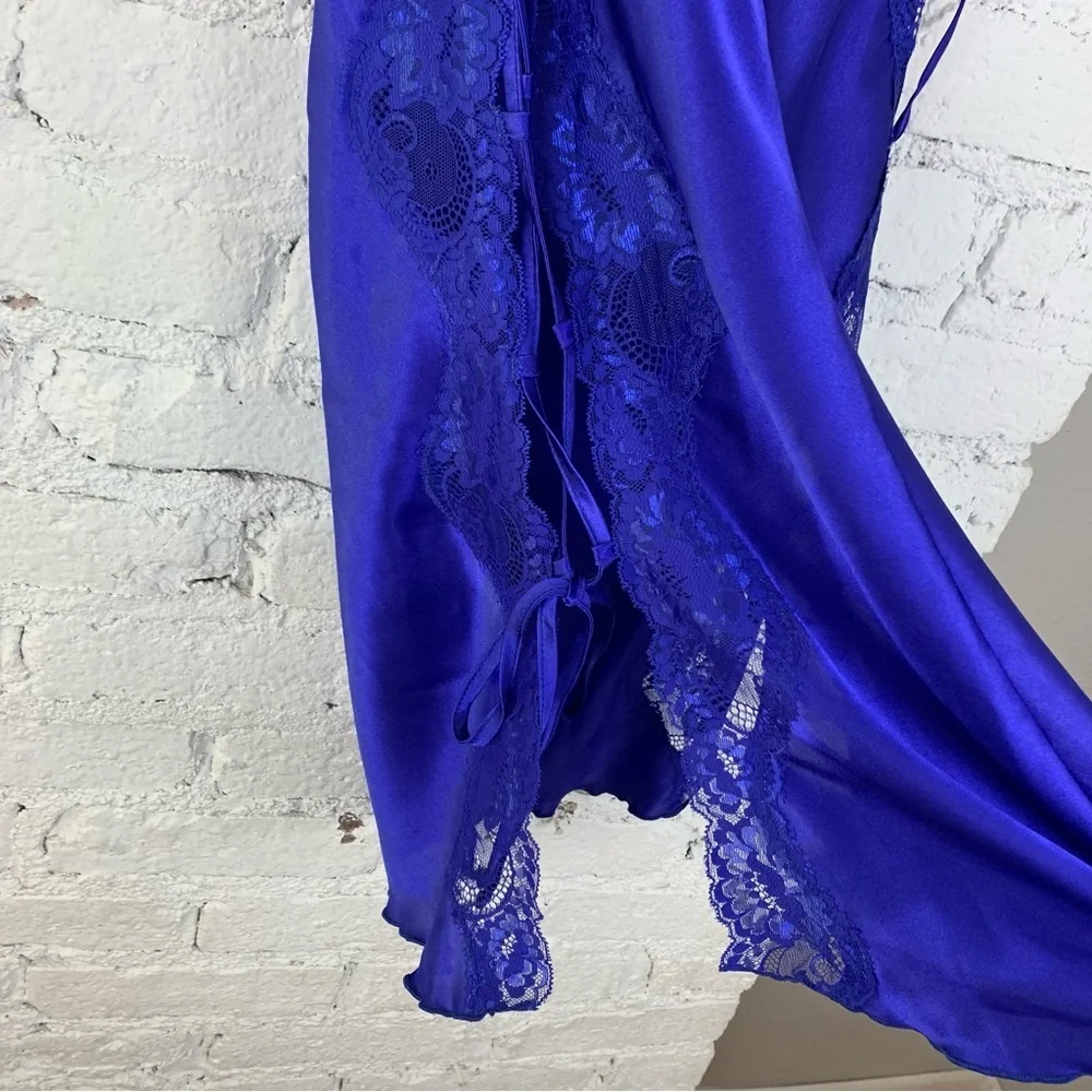 Shirley Hollywood Blue Lace Up Side Slip Nightie Vintage Small - Picture 15 of 15